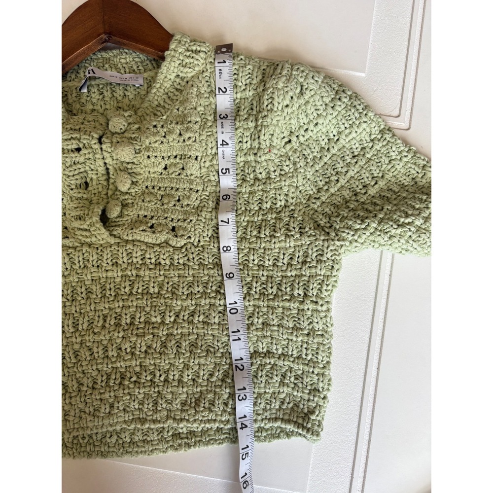 Zara Sage Green Crochet Knit Short Sleeve Cropped Sweater Top Medium - Picture 10 of 10